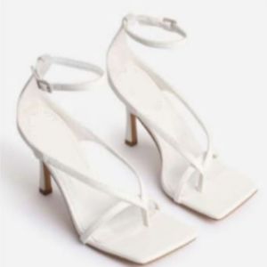 White Square Toe Ankle Strap Heel Sandals